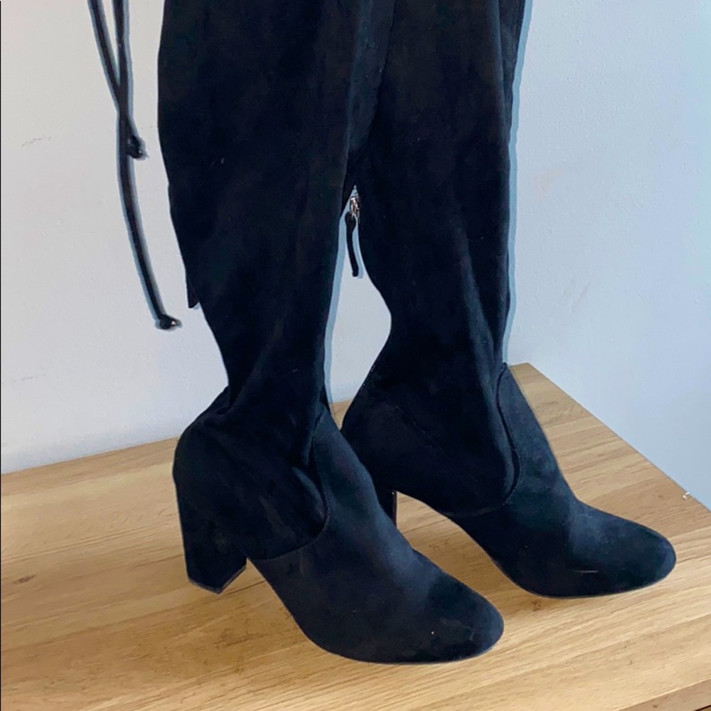 Black suede over the knee tie boot